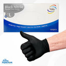 Black nitrile glove giving a thumbs up in front of Size L glove box with product specifications.