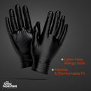Floating black nitrile gloves on a dark grey background. Text overlay: "Latex-Free, Allergy Safe" and "Flexible & Comfortable Fit".