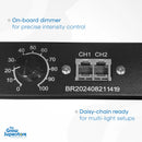 Close-up of the control panel on the BRIGHT 720W LED, showing the 0-100% dimmer dial and daisy-chain ports – thegrowsuperstore.com