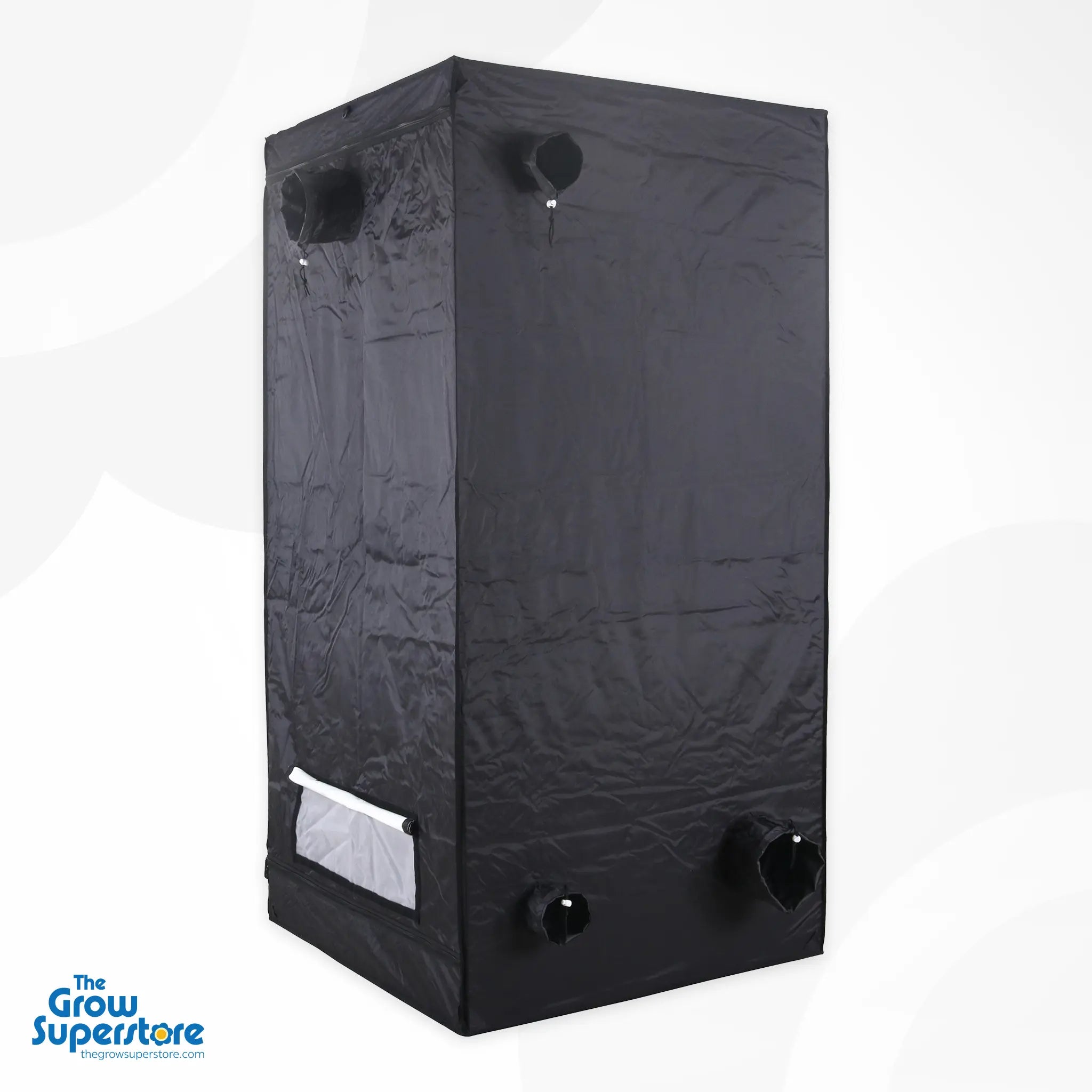 Rear‑side exterior view of the BudBox PRO L200 grow tent in black canvas, showing multiple ventilation ports – thegrowsuperstore.com