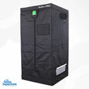 Front closed view of BudBox PRO L200 grow tent in black canvas, including zipped night‑vision window and ventilation ports – thegrowsuperstore.com
