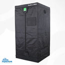 Angled front‑side closed view of BudBox PRO L200 grow tent, black canvas exterior with vent ports visible – thegrowsuperstore.com