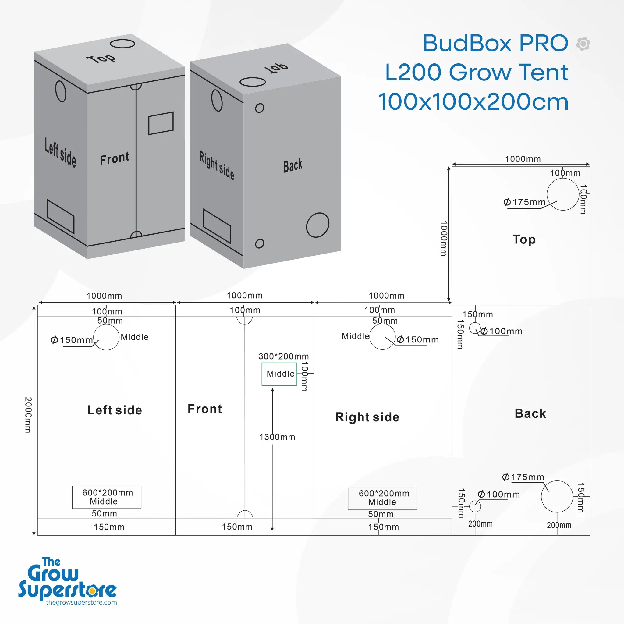 Technical diagram of BudBox PRO L200 grow tent showing all panel dimensions, ventilation port positions, and layout – thegrowsuperstore.com