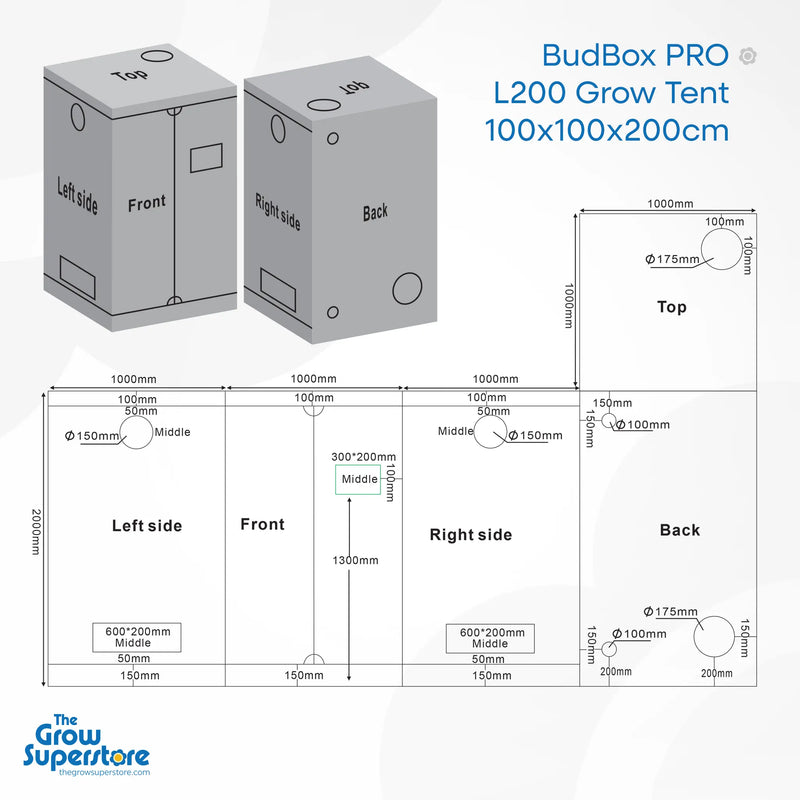 Technical diagram of BudBox PRO L200 grow tent showing all panel dimensions, ventilation port positions, and layout – thegrowsuperstore.com