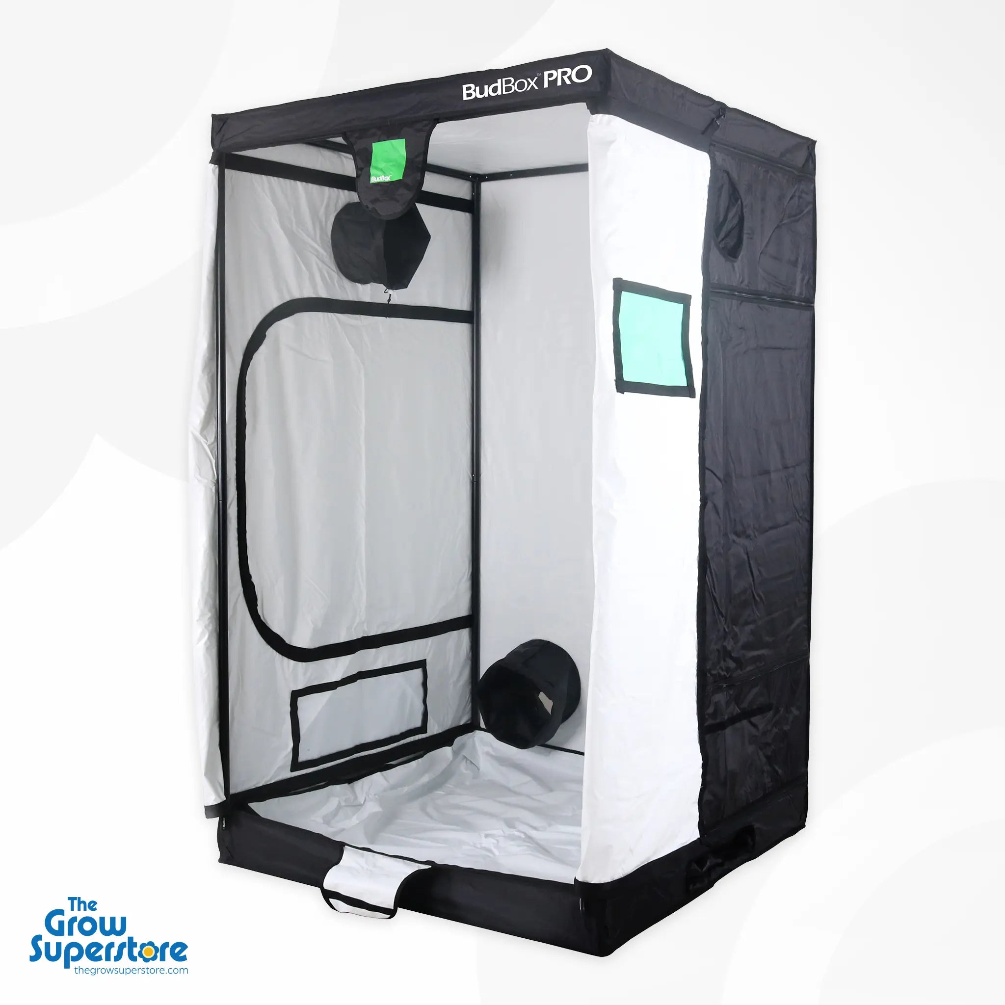 Open BudBox PRO XL grow tent with white lining interior and visible duct ports – thegrowsuperstore.com