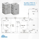 BudBox PRO XL 120x120x200cm grow tent dimension diagram with detailed door and vent layout – thegrowsuperstore.com