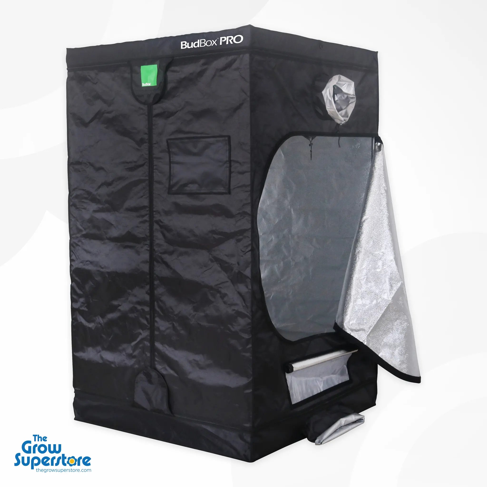 BudBox PRO XL grow tent angled view with side door half open displaying mylar lining and top duct ports – thegrowsuperstore.com