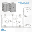 BudBox PRO XL-HL 120x120x220cm grow tent dimension diagram with doors and duct port layout – thegrowsuperstore.com