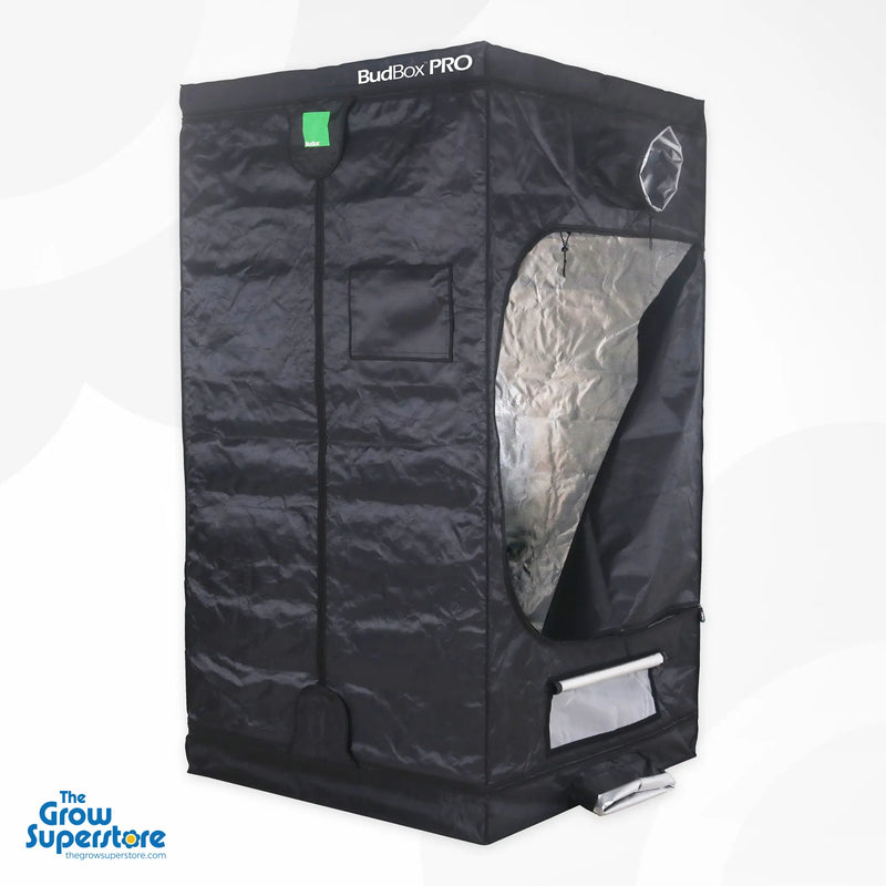 BudBox PRO XL-HL grow tent front corner view with reflective interior and irrigation flap at base – thegrowsuperstore.com