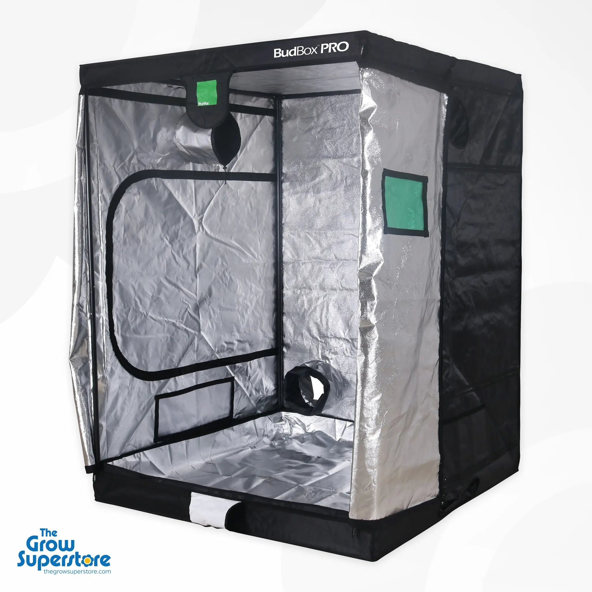 Open BudBox PRO XL Plus grow tent with reflective mylar interior and visible ducting ports – thegrowsuperstore.com