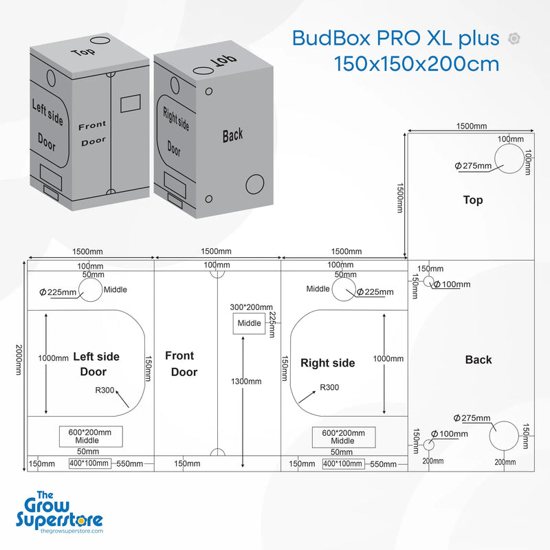 BudBox PRO XL Plus 150x150x200cm grow tent technical dimension diagram with layout – thegrowsuperstore.com