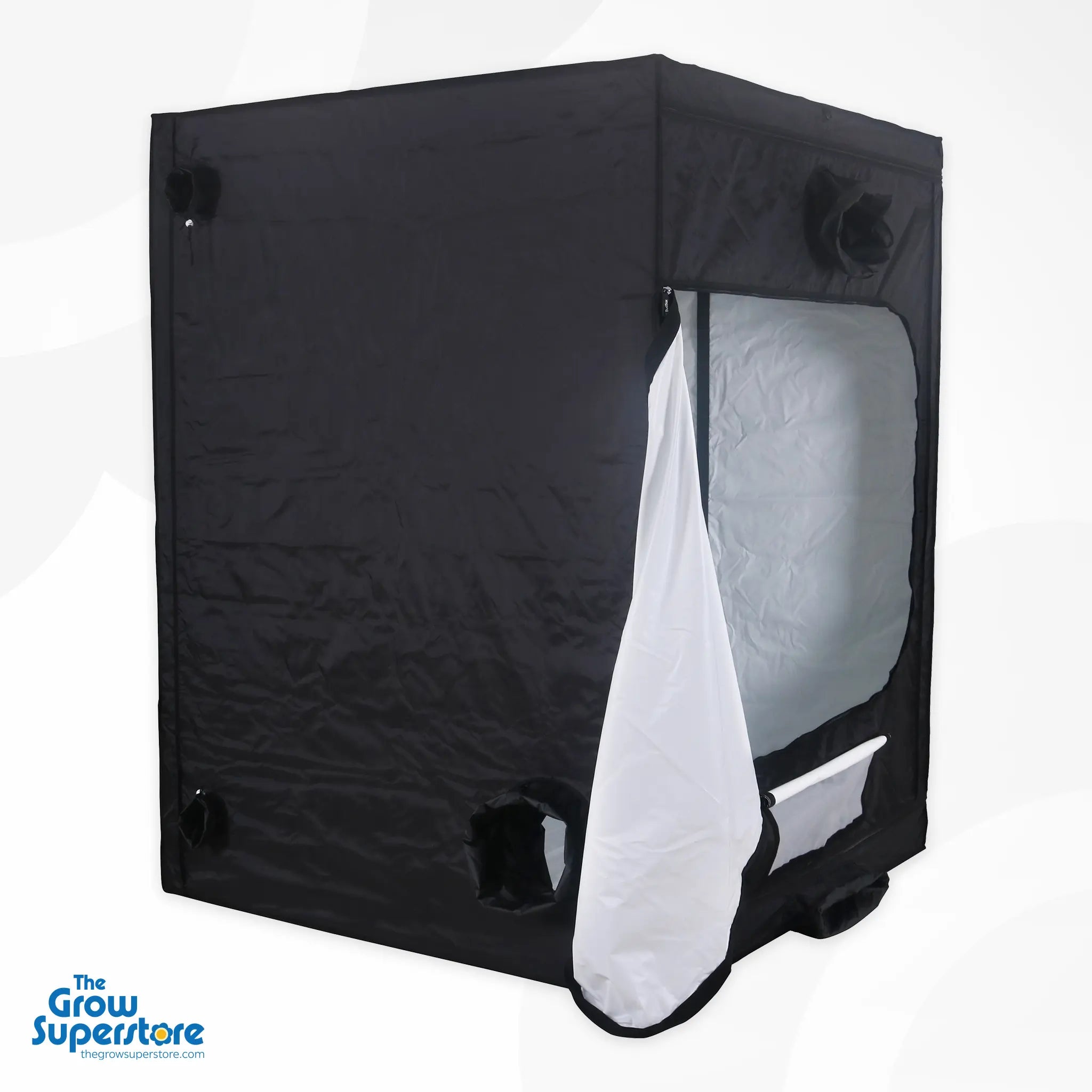 BudBox PRO XL Plus grow tent side view with partially open door showing white lining interior – thegrowsuperstore.com