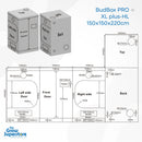 BudBox PRO XL plus‑HL 150x150x220cm grow tent technical dimension diagram with layout – thegrowsuperstore.com