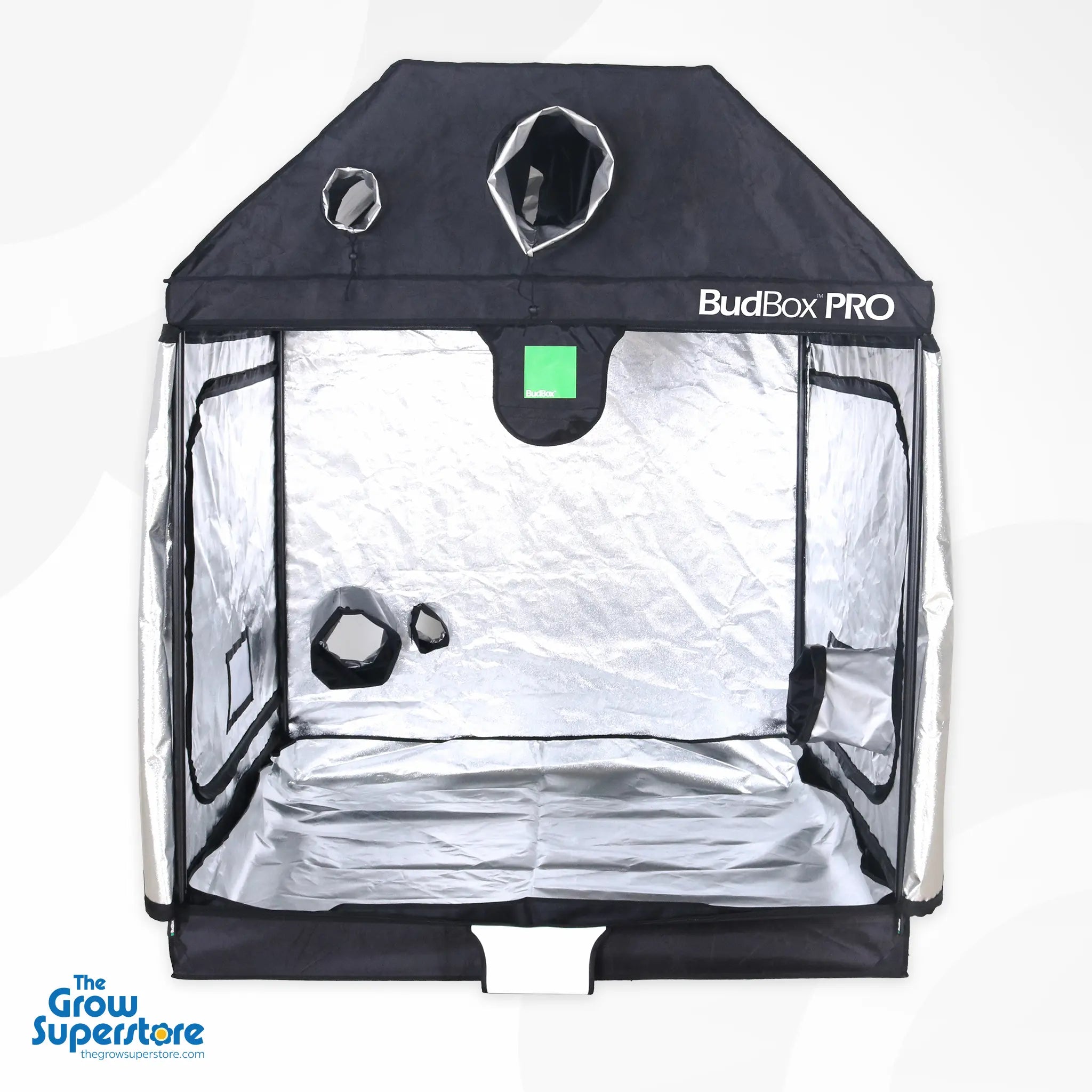Open BudBox PRO XL plus‑R pitched grow tent front view with reflective mylar lining and visible ducting ports