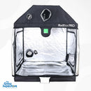 Open BudBox PRO XL plus‑R pitched grow tent front view with reflective mylar lining and visible ducting ports