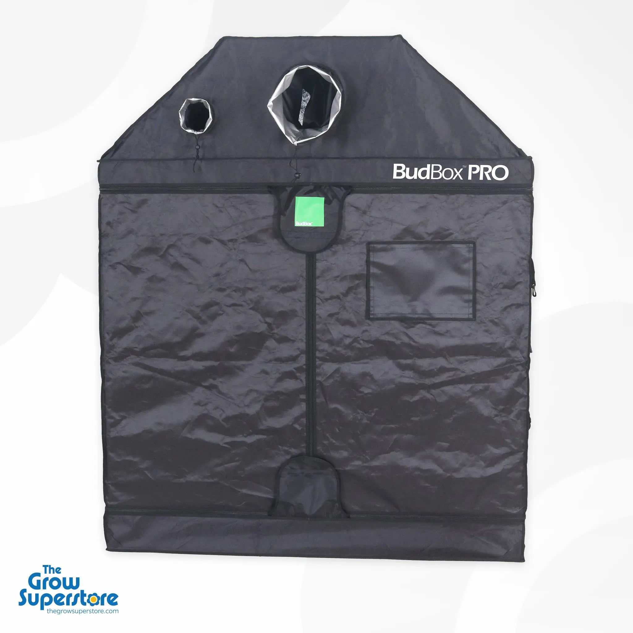BudBox PRO XL plus‑R pitched grow tent front view fully zipped closed with night vision window and duct ports – thegrowsuperstore.com
