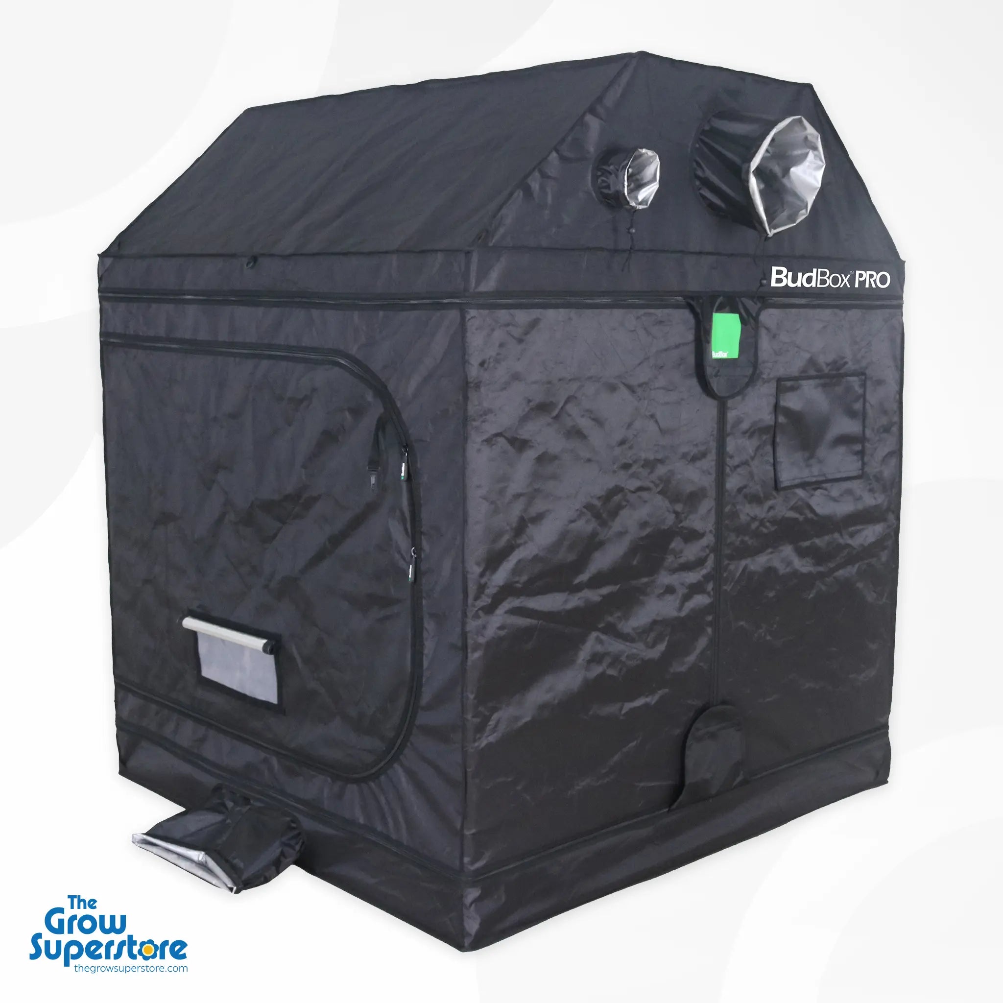 BudBox PRO XL plus‑R pitched grow tent rear side view zipped closed with angled roof vents and side door – thegrowsuperstore.com