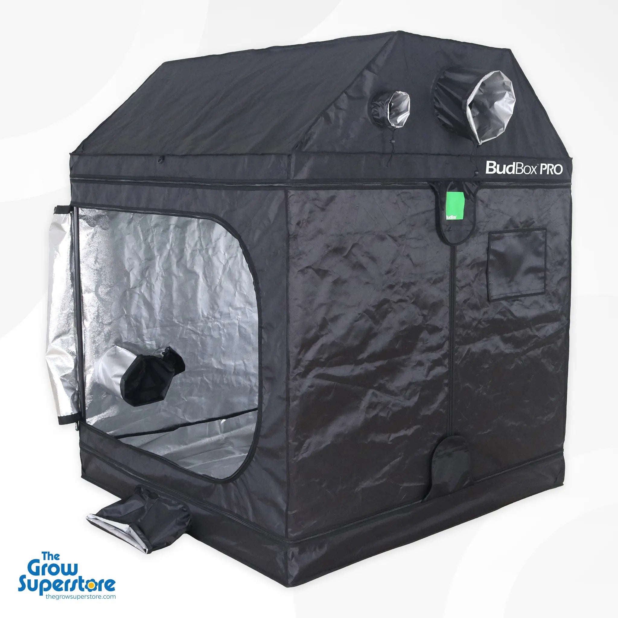 BudBox PRO XL plus‑R pitched grow tent rear side view with door open showing reflective mylar lining and ducting ports – thegrowsuperstore.com