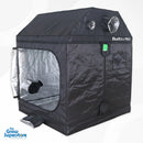 BudBox PRO XL plus‑R pitched grow tent rear side view with door open showing reflective mylar lining and ducting ports – thegrowsuperstore.com