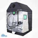 Angled front view of BudBox PRO XL‑R pitched grow tent with silver mylar interior, featuring large access doors and multiple ducting ports – thegrowsuperstore.com