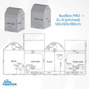 Technical diagram of BudBox PRO XL‑R pitched 120×120×180 cm grow tent, detailing port sizes, window positions and tent layout – thegrowsuperstore.com
