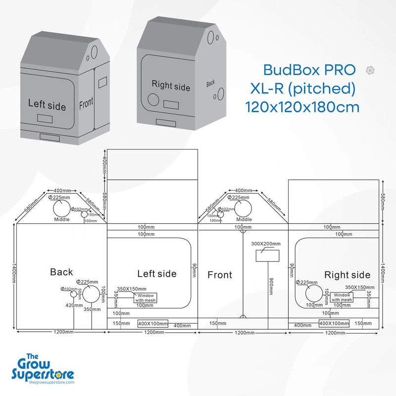 Technical diagram of BudBox PRO XL‑R pitched 120×120×180 cm grow tent, detailing port sizes, window positions and tent layout – thegrowsuperstore.com