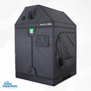 Rear‑side exterior view of BudBox PRO XL‑R pitched grow tent in black canvas, displaying multiple ducting and ventilation ports – thegrowsuperstore.com