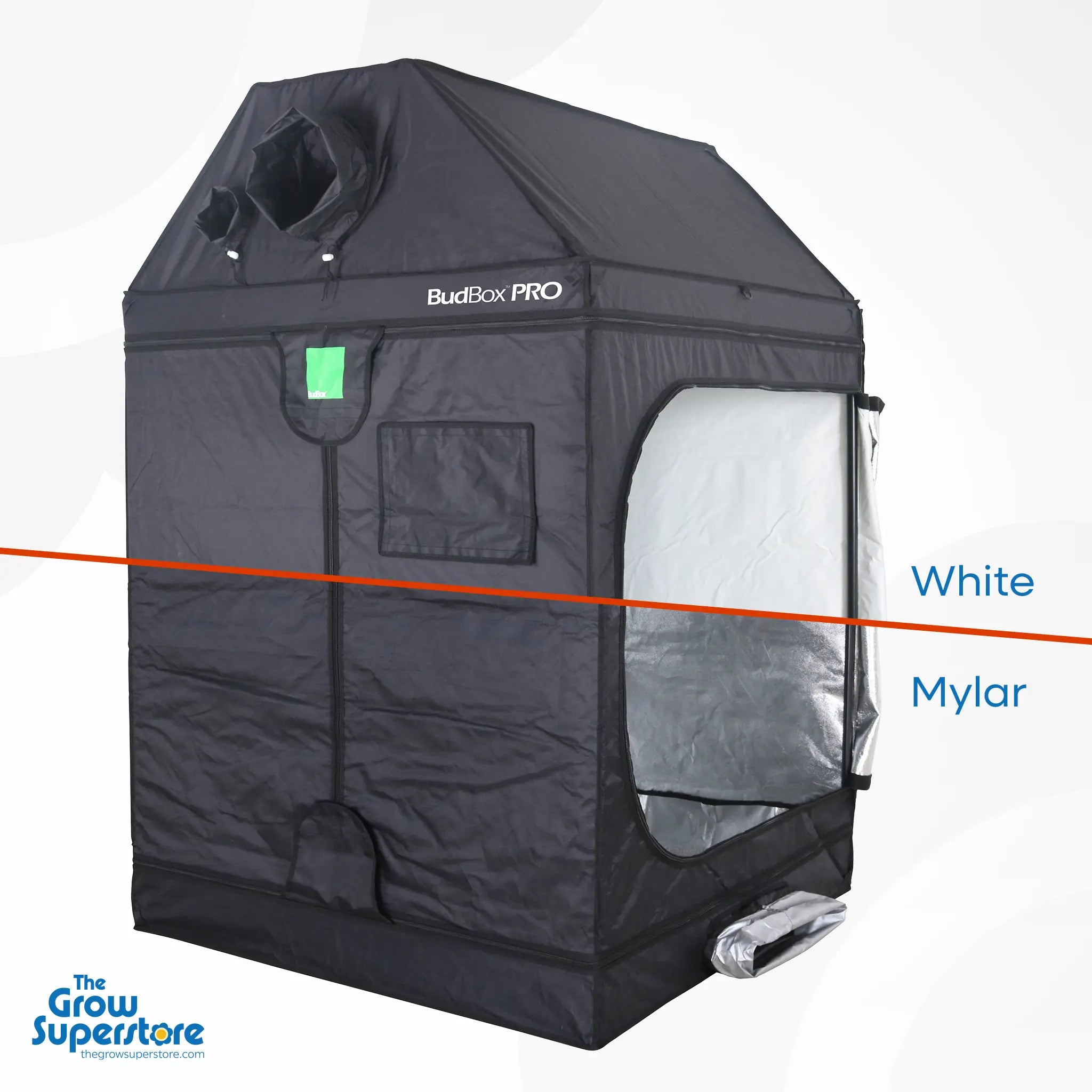 Angled rear‑side view of pitched BudBox PRO XL‑R grow tent with black exterior and visible mylar-lined duct ports – thegrowsuperstore.com