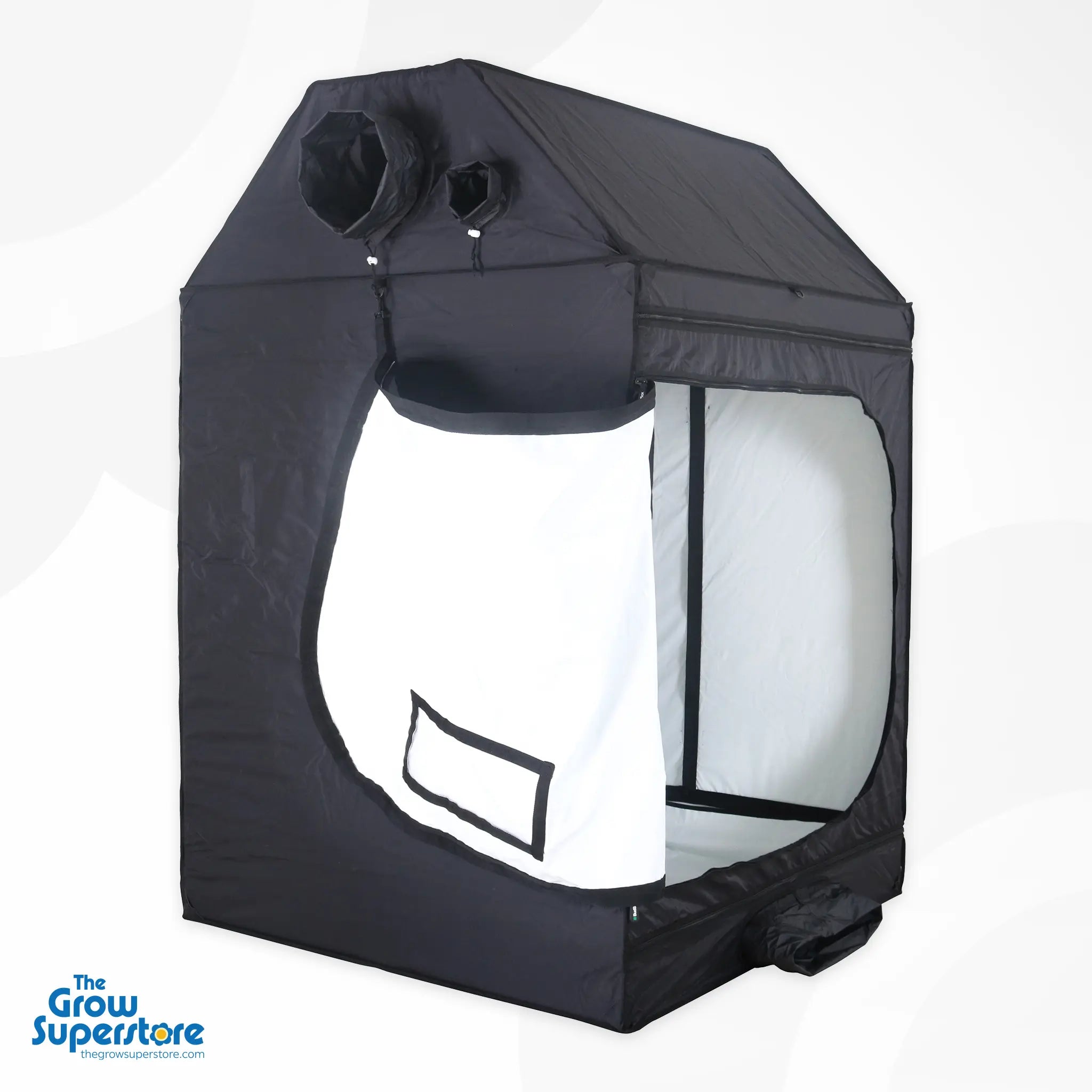 Angled side view of BudBox PRO XL‑R pitched tent interior, unzipped to reveal white lining and ducting port on the base – thegrowsuperstore.com