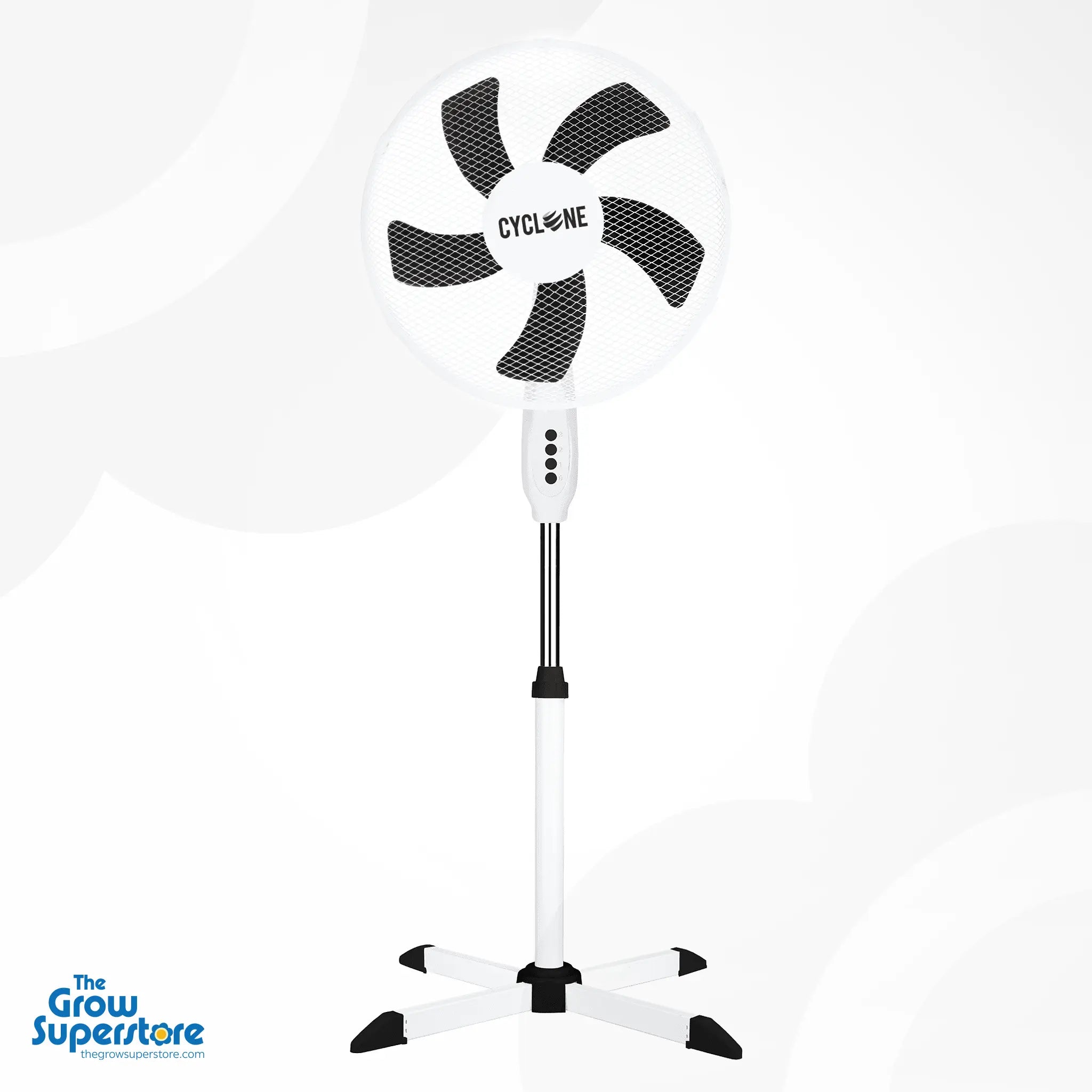 Cyclone 16‑inch white pedestal fan front view with five‑blade grille on adjustable stand – thegrowsuperstore.com
