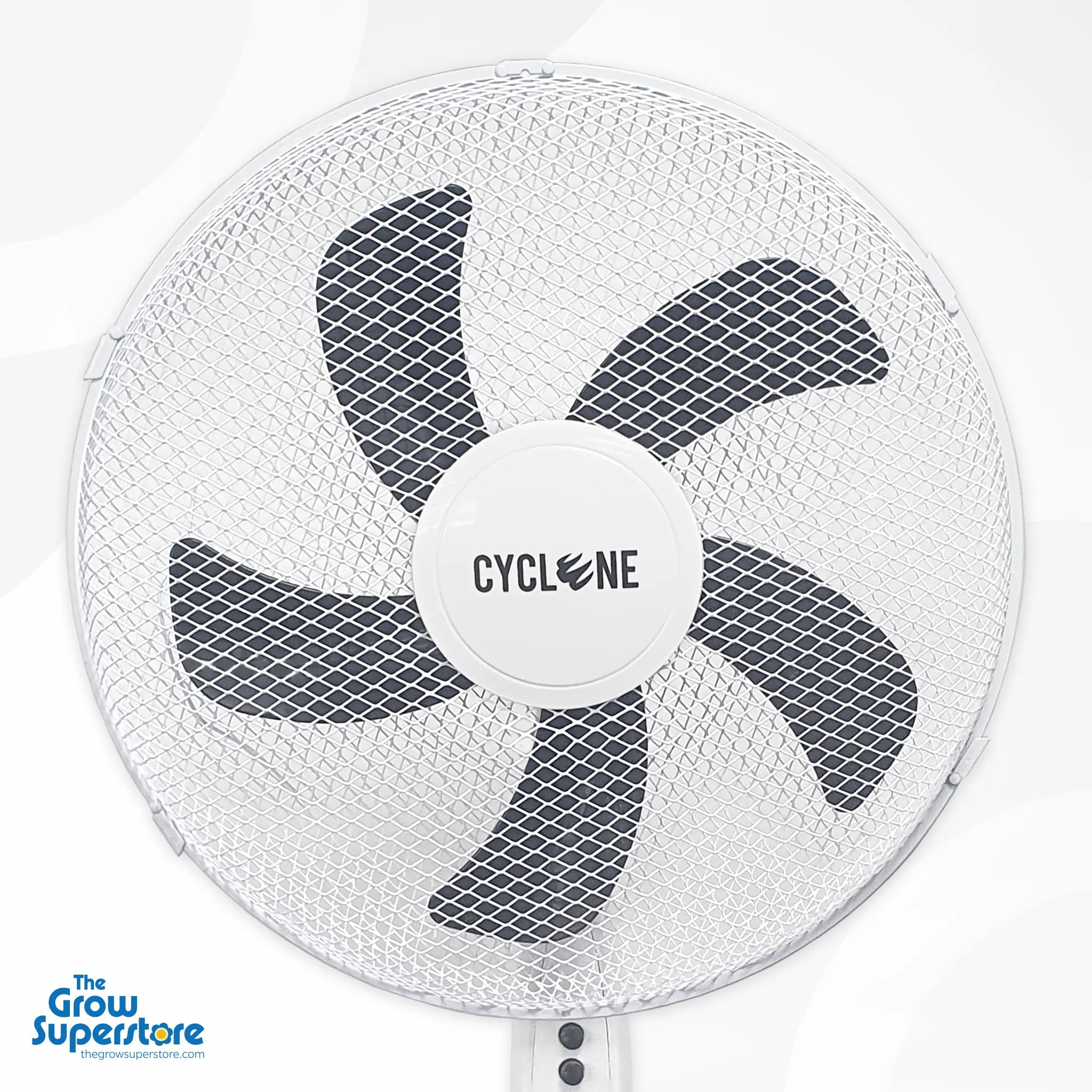 Close‑up of Cyclone fan head showing mesh grille and blades from top – thegrowsuperstore.com