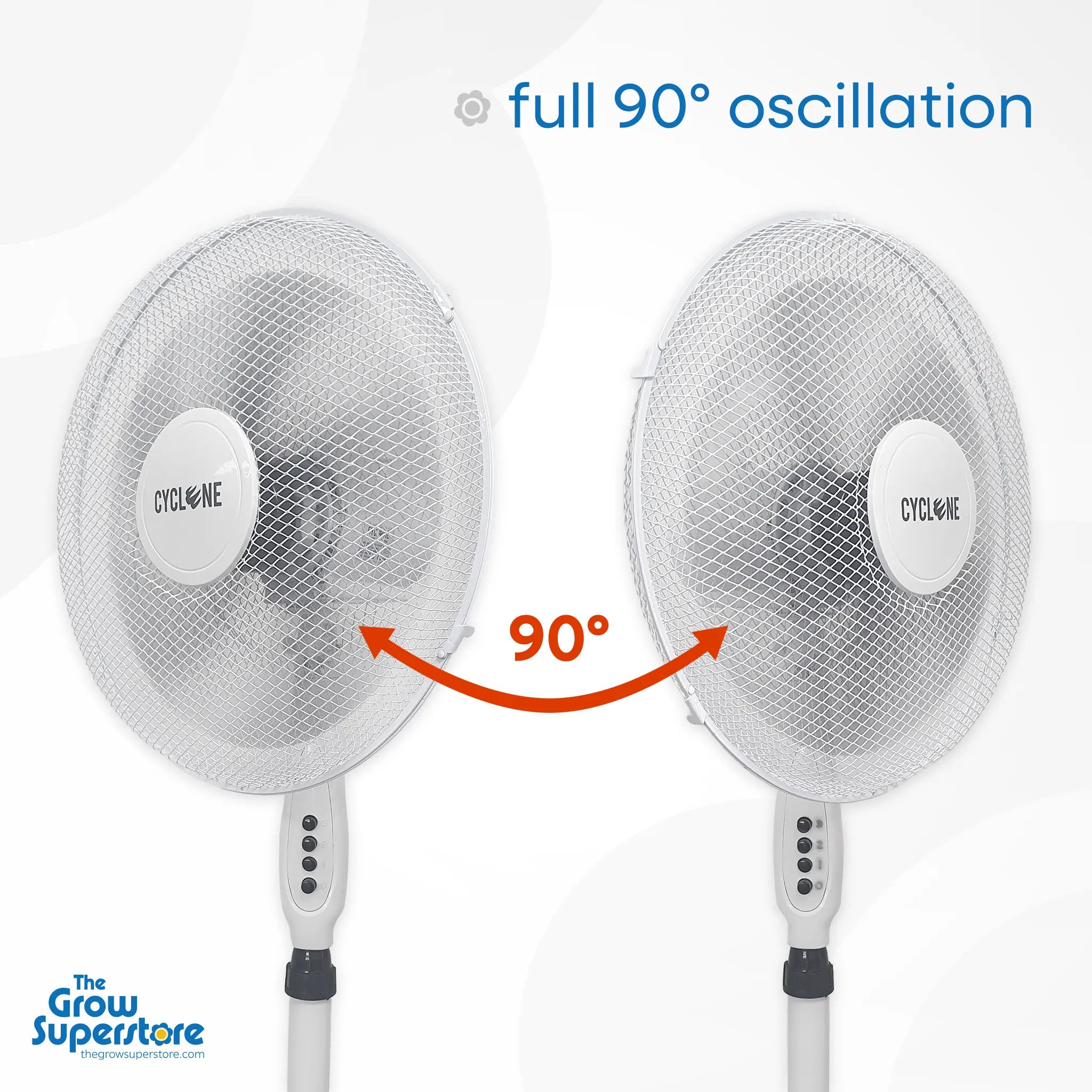 Cyclone fan oscillating side by side two positions showing 90° range – thegrowsuperstore.com