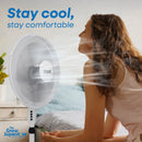 Cyclone 16‑inch pedestal fan in bedroom setting providing gentle airflow to seated person – thegrowsuperstore.com