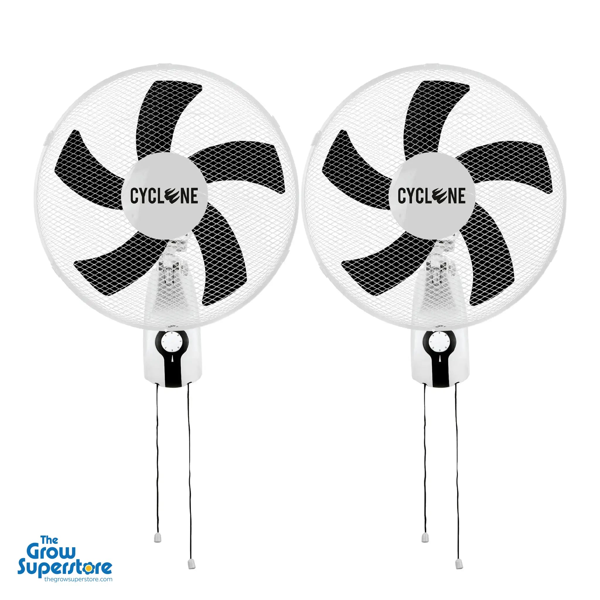 Twin pack of Cyclone 16-inch Wall Fans with “Pack of 2” label, perfect for air circulation in grow rooms