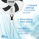 Cyclone wall fan close-up with 3 speed settings, oscillation cord, and floor space-saving design