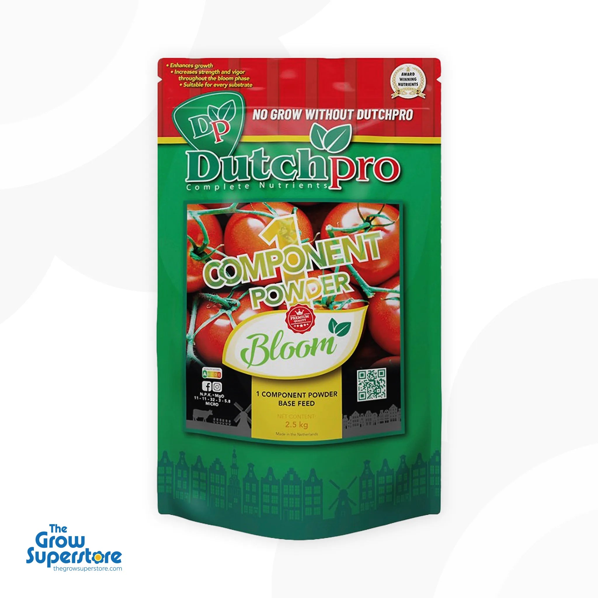 Dutch Pro 1 Component Powder Bloom 2.5kg pouch — flowering-stage powder base feed, front of pack