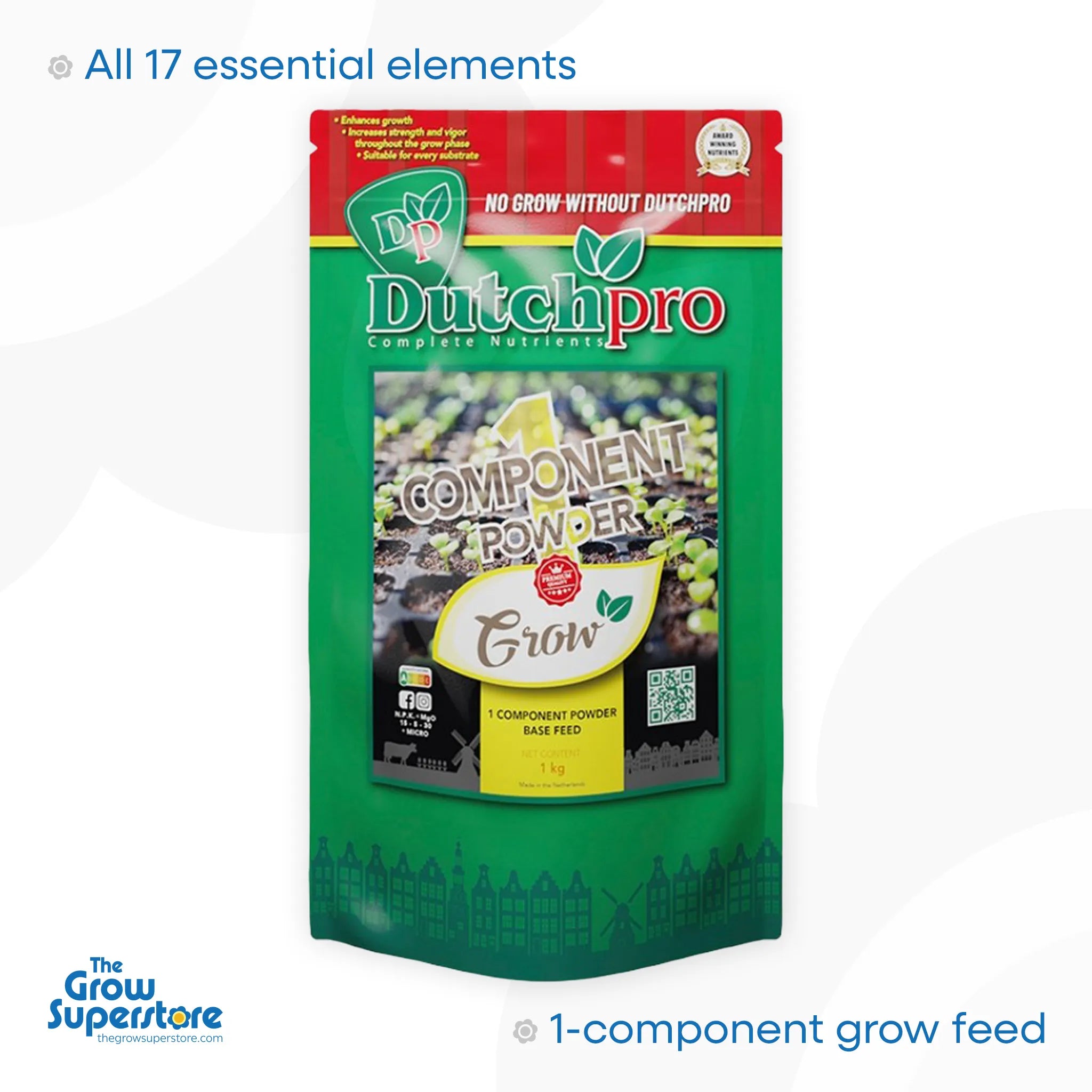 Dutch Pro 1 Component Powder Grow 1kg pouch — vegetative-phase powder base feed, front of pack