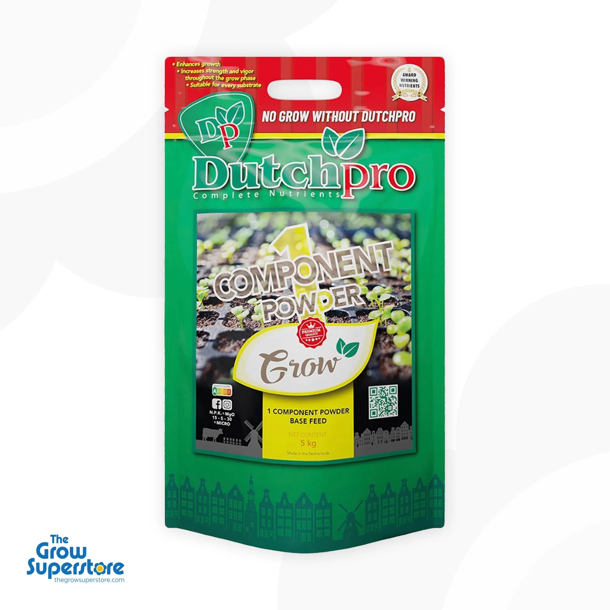 Dutch Pro 1 Component Powder Grow 5kg bulk pouch — vegetative-phase powder base feed, front of pack