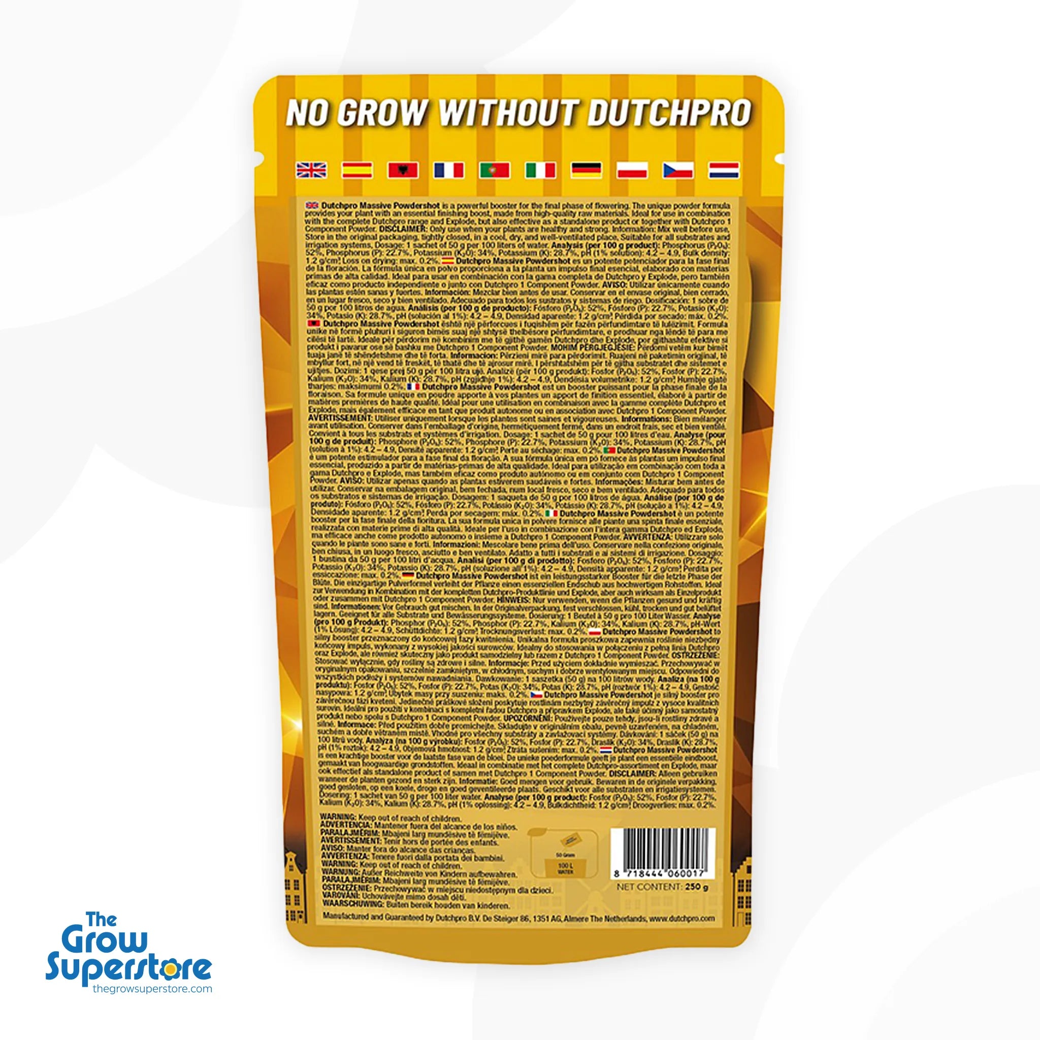 Dutch Pro Quantum Massive Powdershot 250g pouch — back of pack, multilingual instructions and analysis