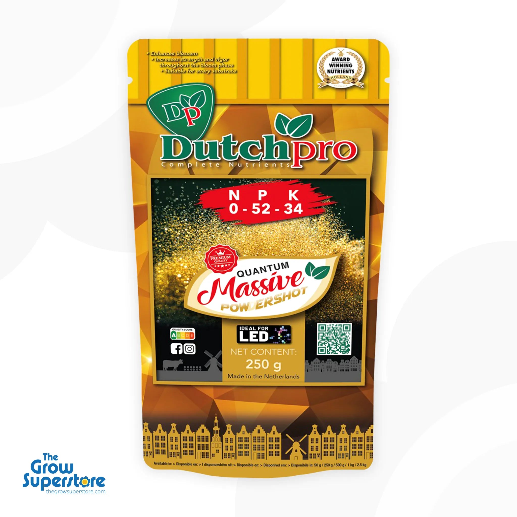 Dutch Pro Quantum Massive Powdershot 250g pouch — late-bloom PK finisher, NPK 0-52-34, front of pack