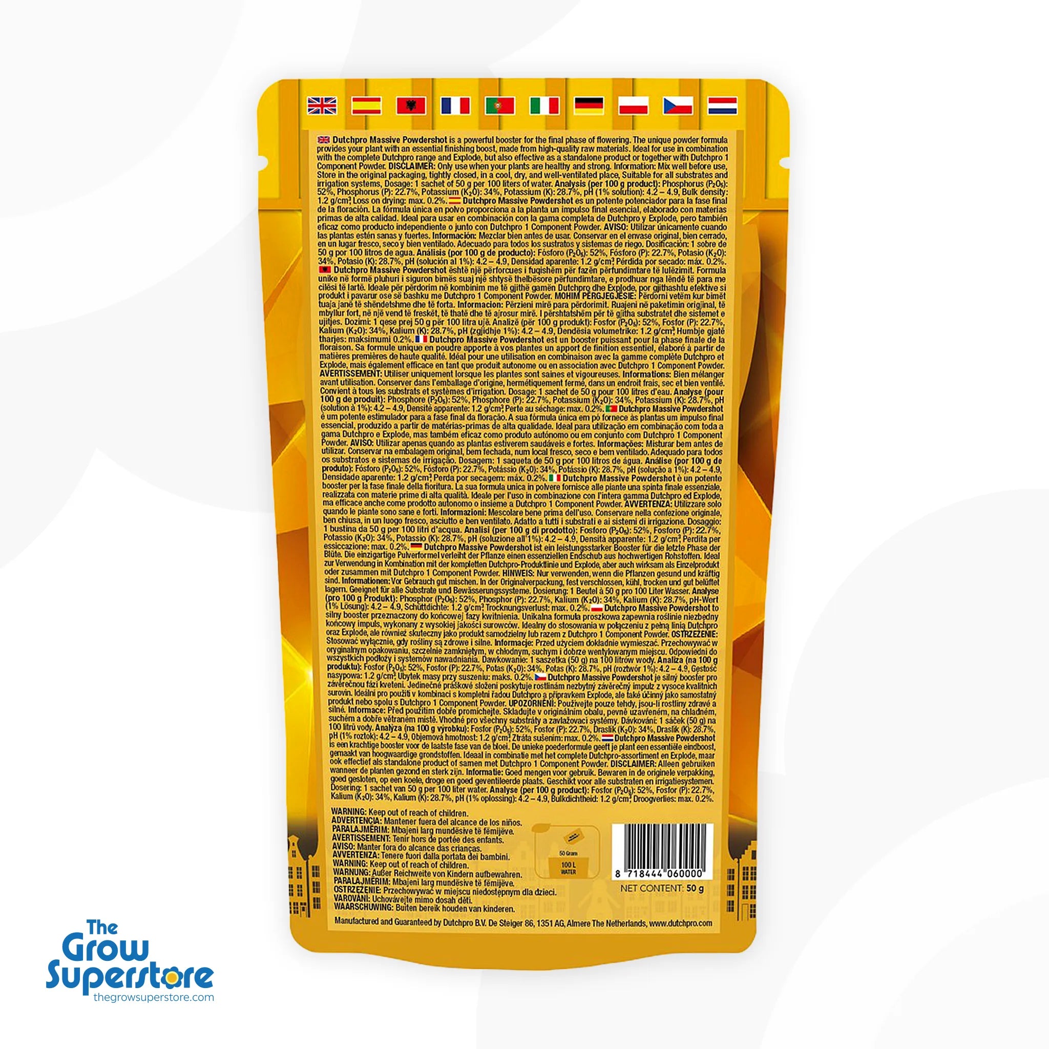 Dutch Pro Quantum Massive Powdershot 50g pouch — back of pack, multilingual instructions and analysis