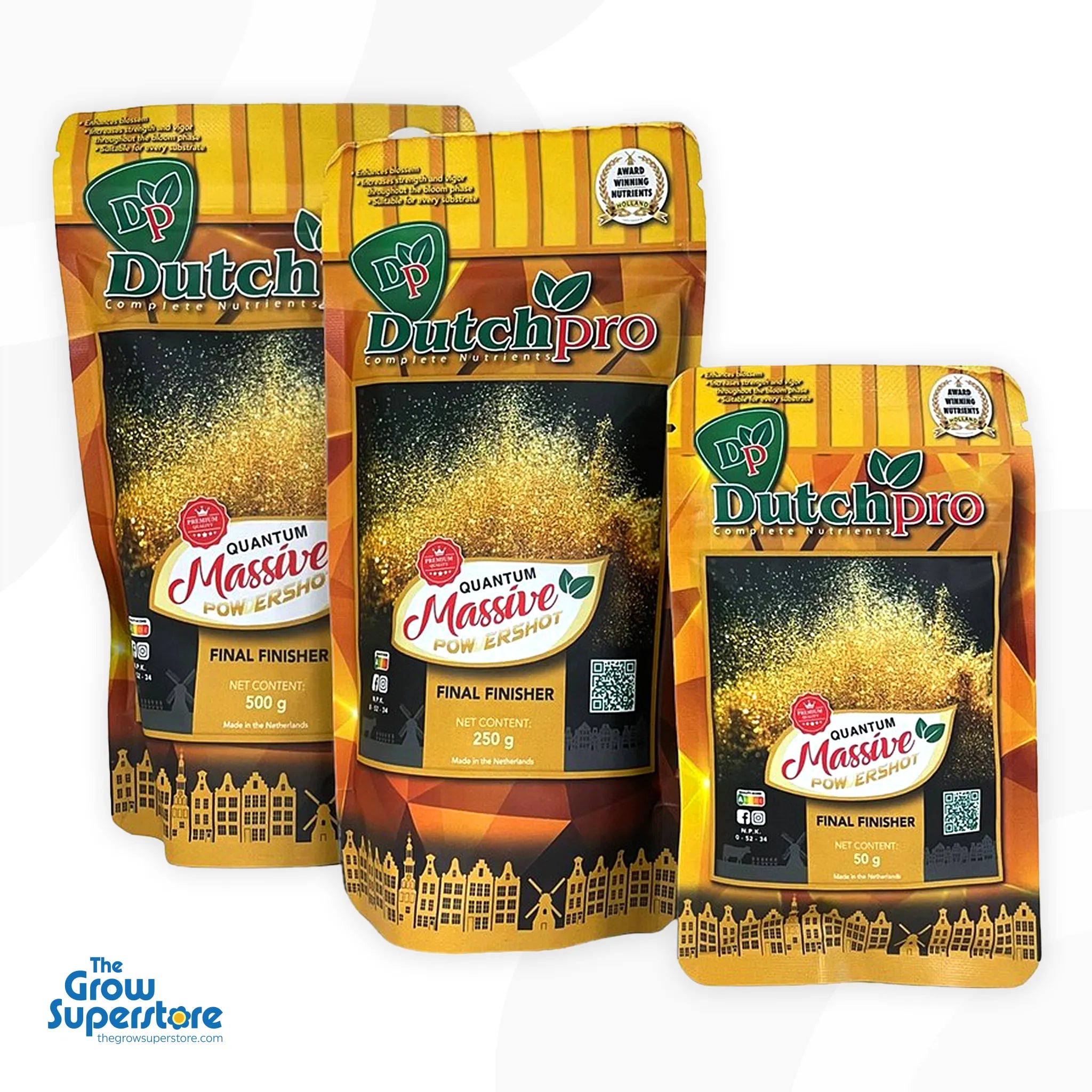 Dutch Pro Quantum Massive Powdershot range — 500g, 250g, and 50g pouches together — late-bloom PK finisher