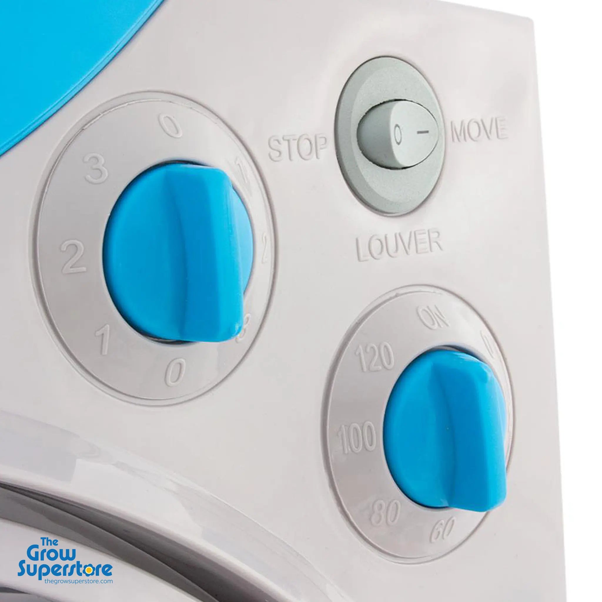 Close-up of RAM Eco Floor Fan 12" control panel featuring speed, timer, and louvre switches – thegrowsuperstore.com