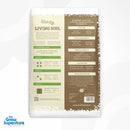 Reverse side of Ecothrive Living Soil bag, detailing product ingredients, nutrient information, usage guidance and soil composition on brown and cream label – thegrowsuperstore.com