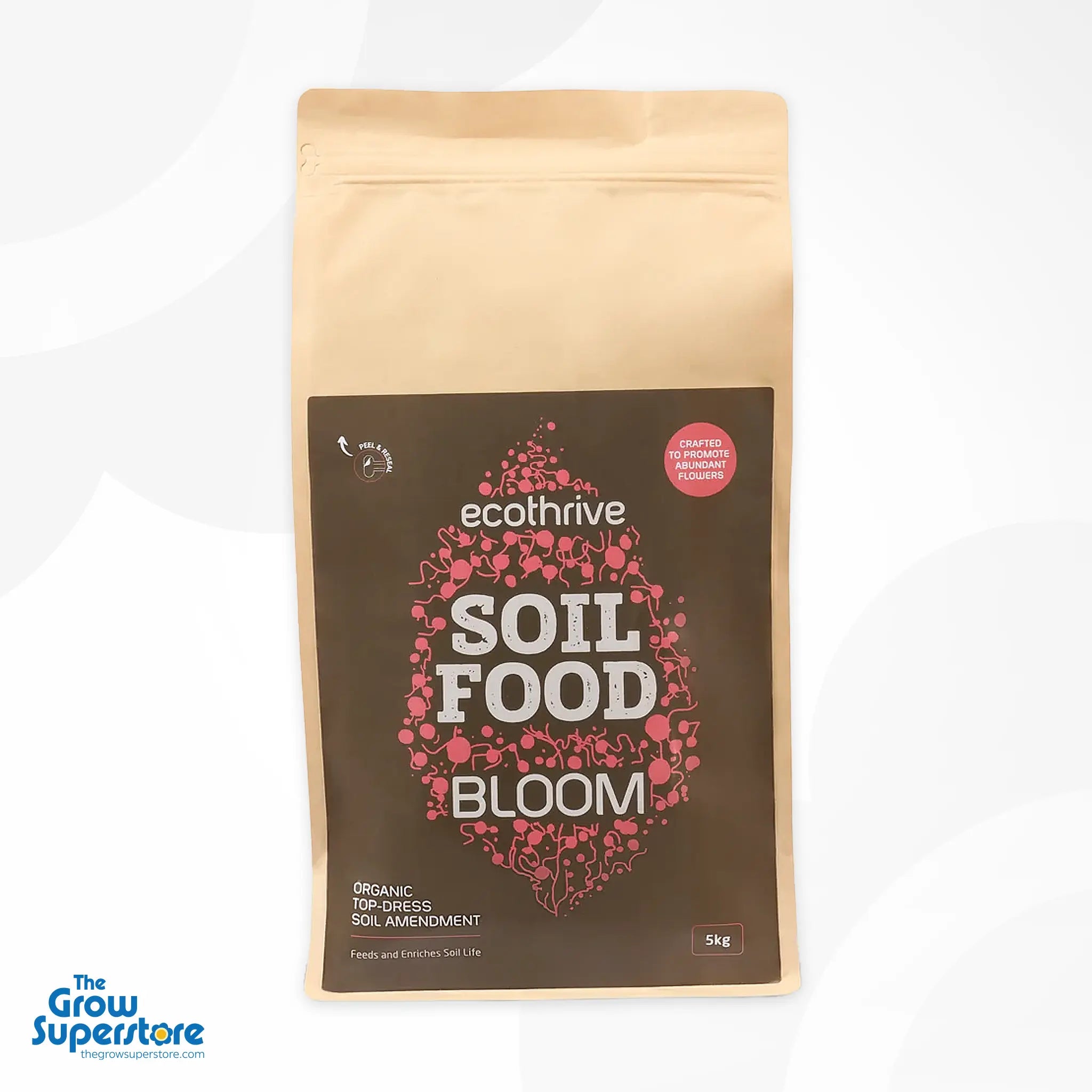 Front view of the 5 kg Ecothrive Soil Food Bloom resealable pouch with dark brown label and pink graphic – thegrowsuperstore.com
