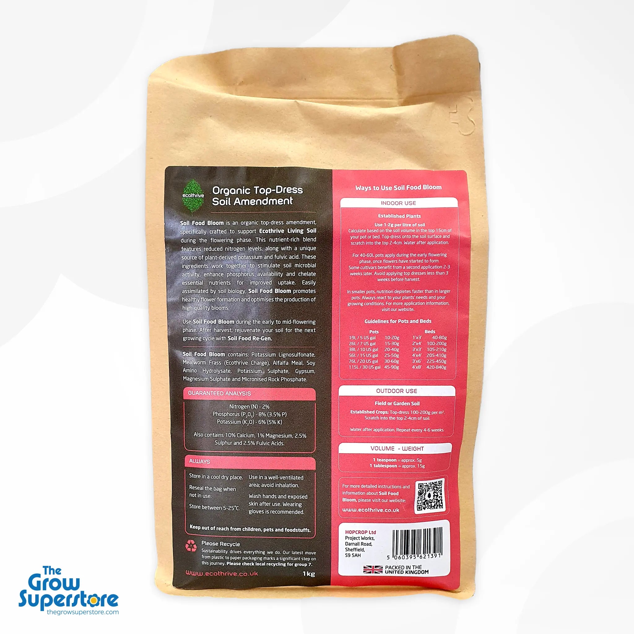 Reverse side of 5 kg Ecothrive Soil Food Bloom pouch showing usage instructions, guaranteed analysis and ingredient details – thegrowsuperstore.com