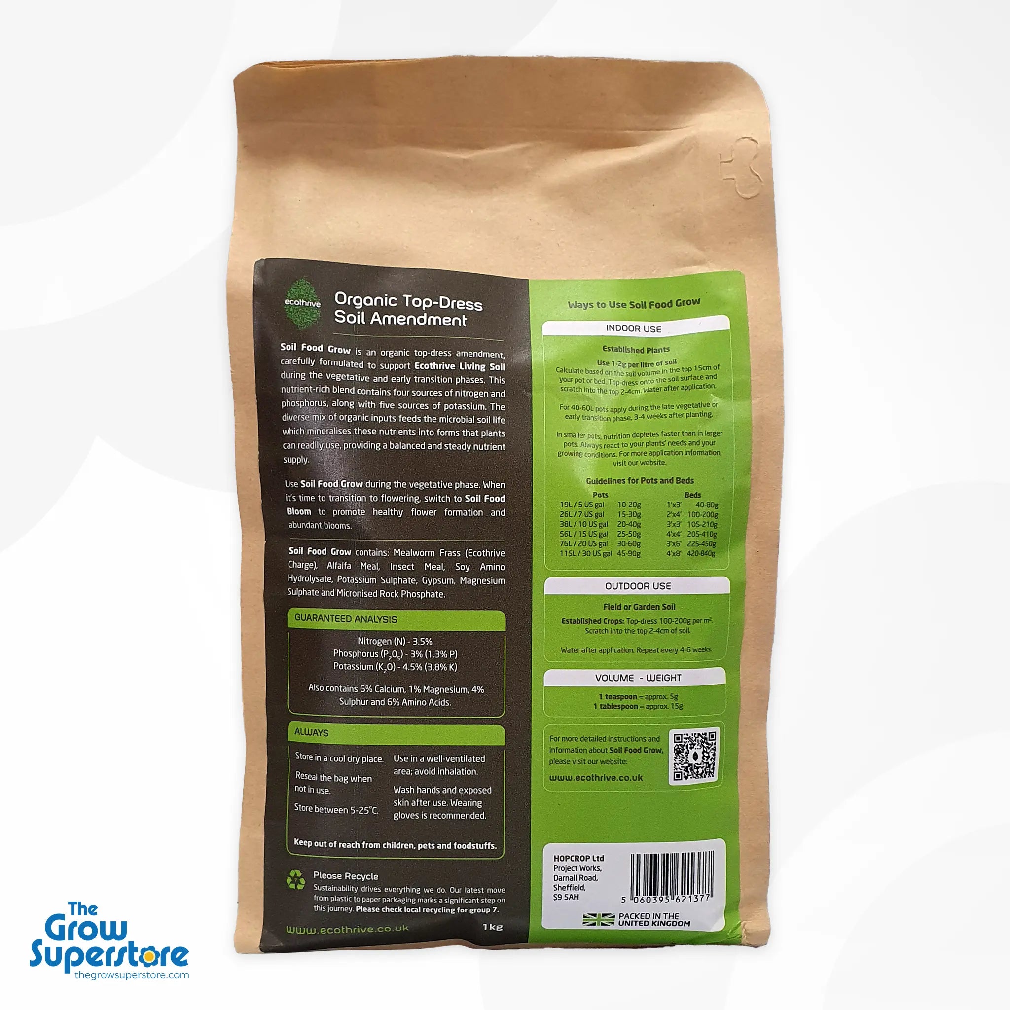 Back of Ecothrive Soil Food Grow bag showing usage instructions, nutrient analysis, and guidelines for indoor and outdoor application – thegrowsuperstore.com