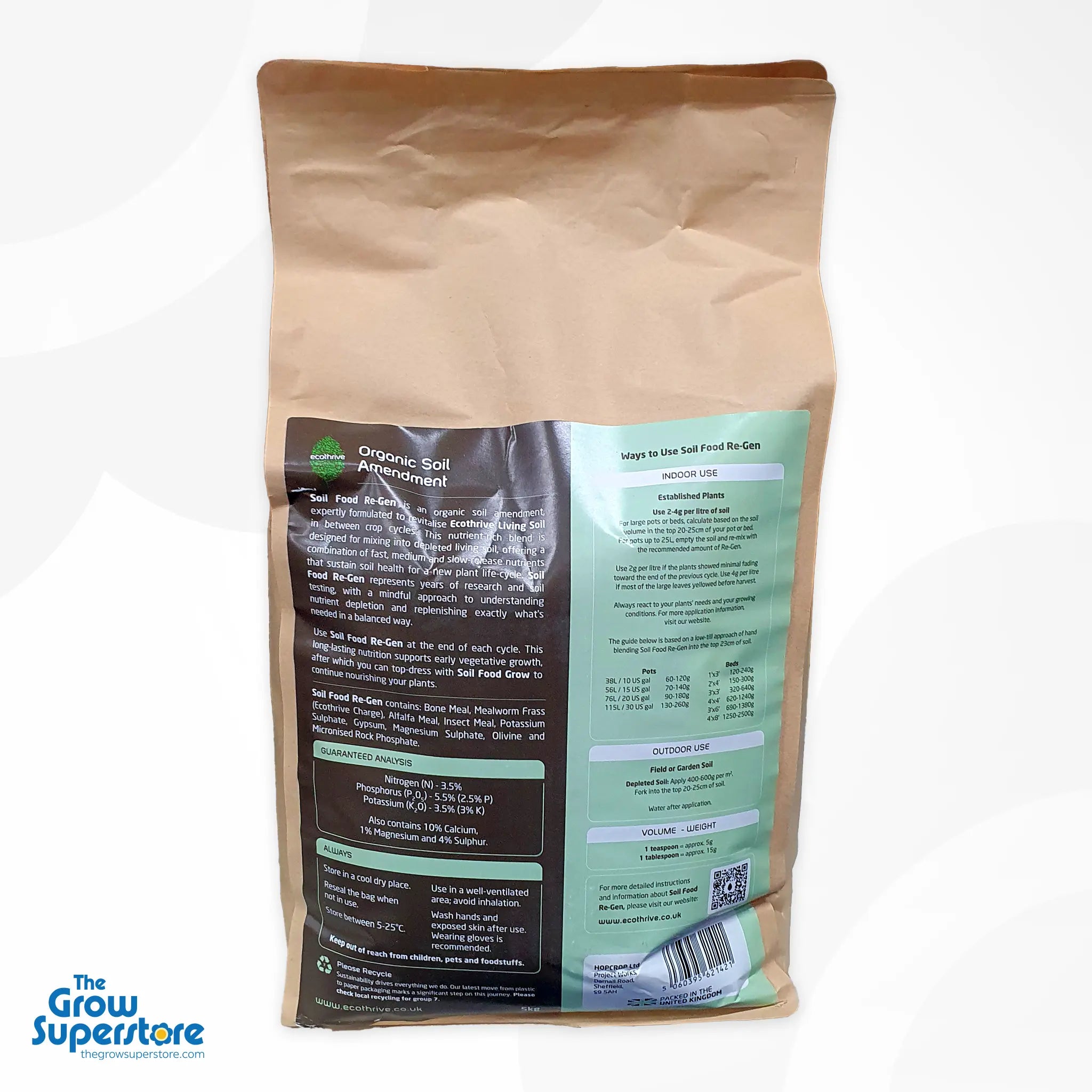 Back of 5kg Ecothrive Soil Food Re‑Gen bag displaying ingredients, usage guide, and nutritional analysis – thegrowsuperstore.com