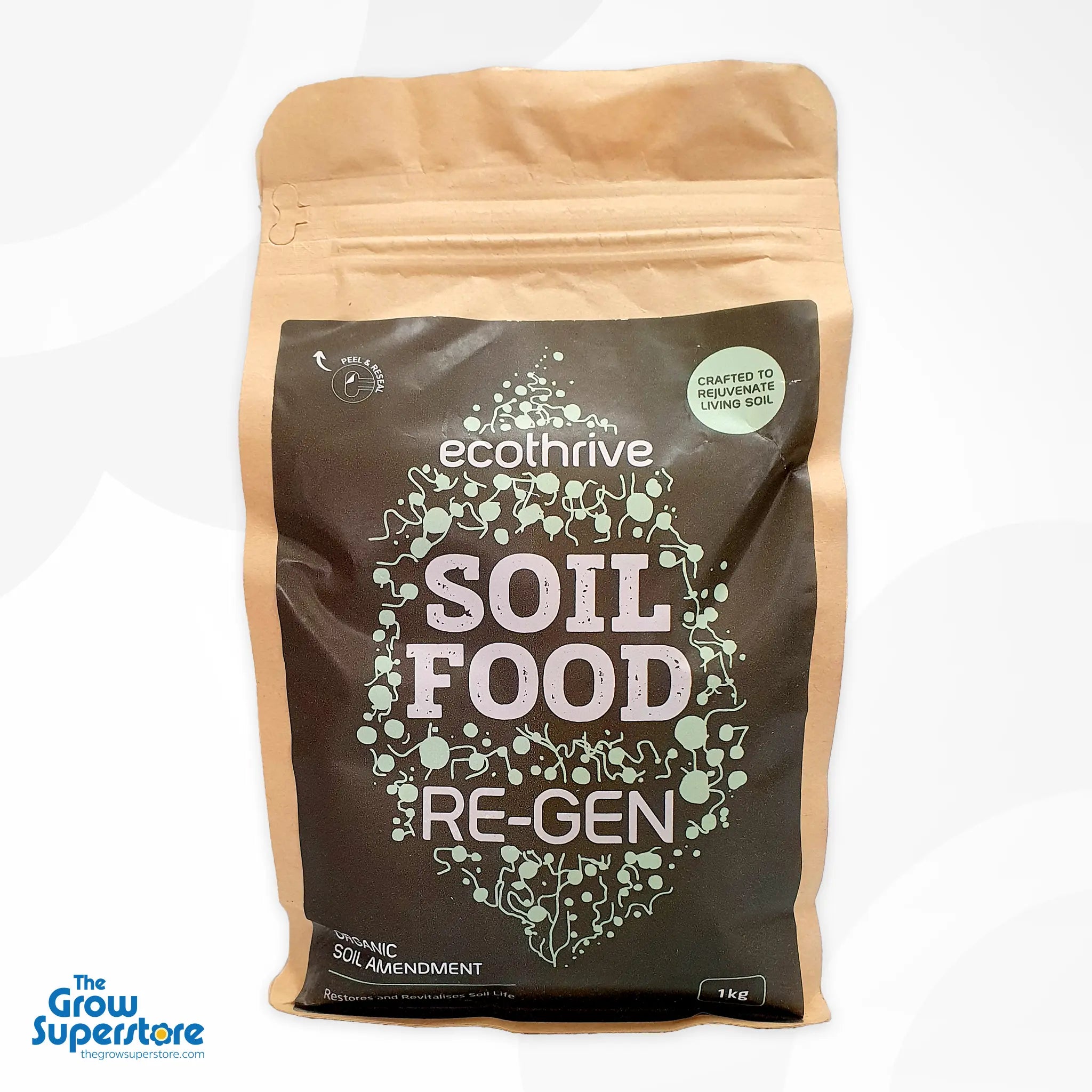 Front view of 1kg Ecothrive Soil Food Re‑Gen pack with resealable pouch and product label – thegrowsuperstore.com
