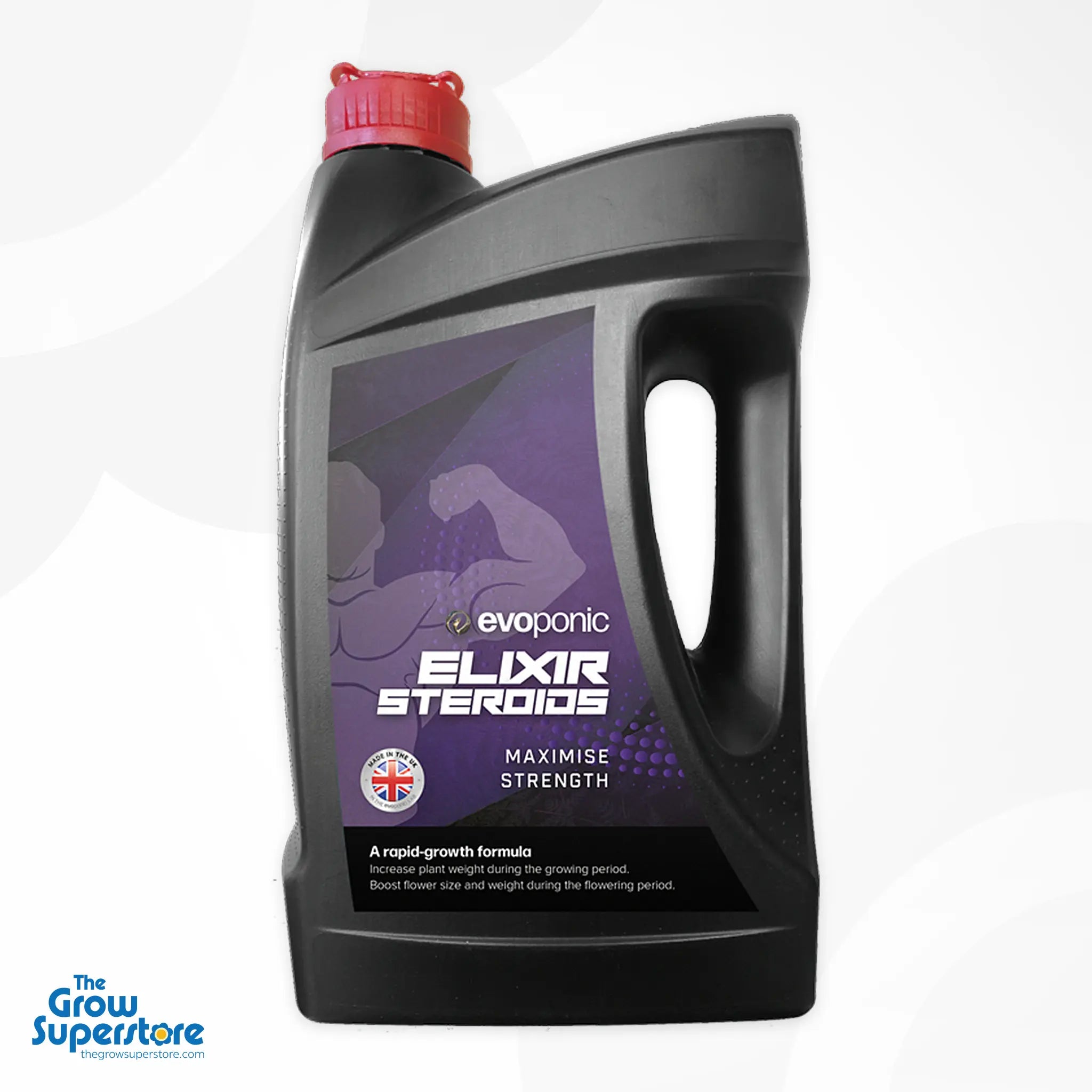 Larger black Evoponic Elixir Steroids jug with integrated handle and red cap – thegrowsuperstore.com